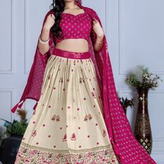 Women's Heavy Lichi Jacquard Lehenga Choli with Jari Print & Dupatta