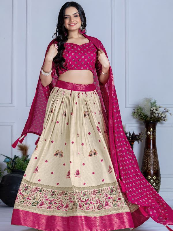 Women's Heavy Lichi Jacquard Lehenga Choli with Jari Print & Dupatta