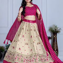 Women's Heavy Lichi Jacquard Lehenga Choli with Jari Print & Dupatta