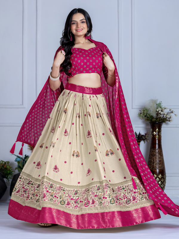 Women's Heavy Lichi Jacquard Lehenga Choli with Jari Print & Dupatta