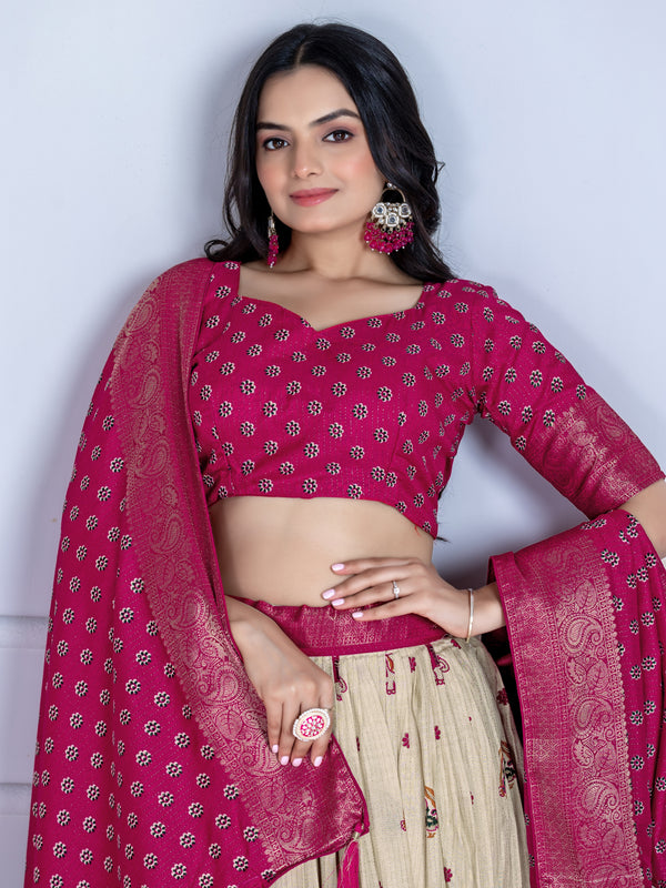 Women's Heavy Lichi Jacquard Lehenga Choli with Jari Print & Dupatta