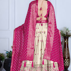 Women's Heavy Lichi Jacquard Lehenga Choli with Jari Print & Dupatta