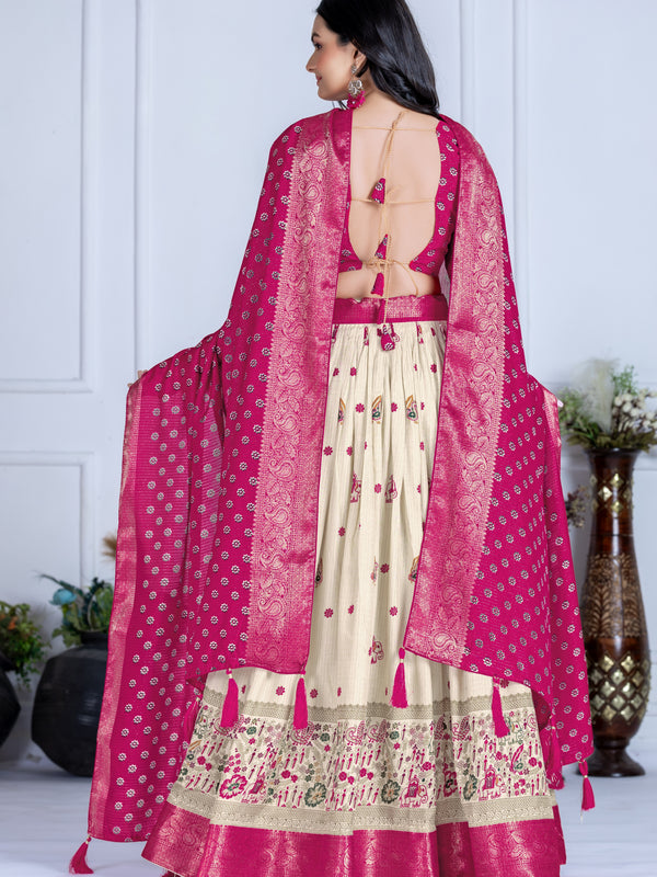 Women's Heavy Lichi Jacquard Lehenga Choli with Jari Print & Dupatta