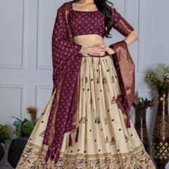 Women's Heavy Lichi Jacquard Lehenga Choli with Jari Print & Dupatta