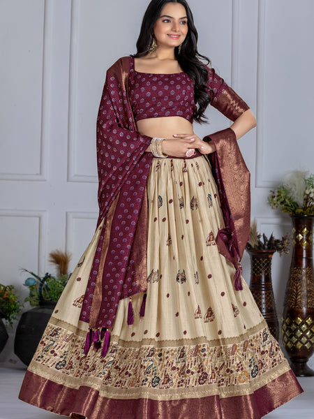 Women's Heavy Lichi Jacquard Lehenga Choli with Jari Print & Dupatta