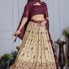 Women's Heavy Lichi Jacquard Lehenga Choli with Jari Print & Dupatta