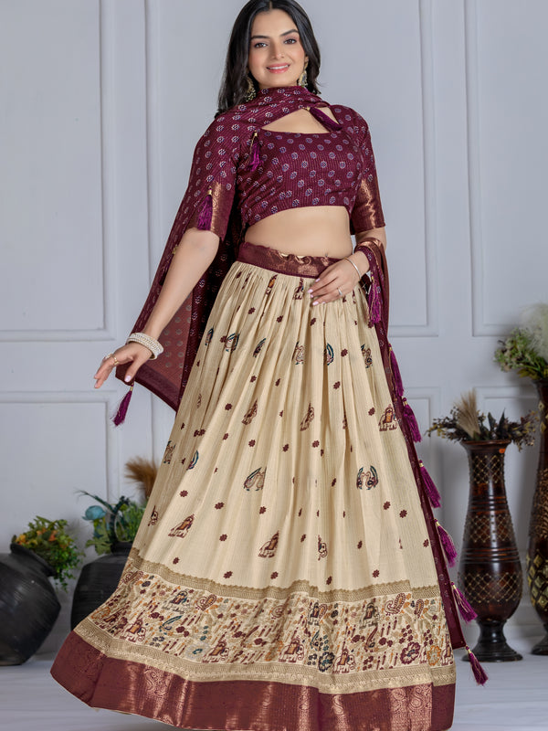 Women's Heavy Lichi Jacquard Lehenga Choli with Jari Print & Dupatta