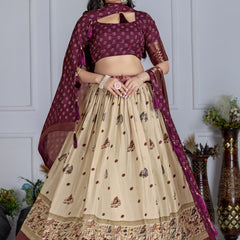 Women's Heavy Lichi Jacquard Lehenga Choli with Jari Print & Dupatta