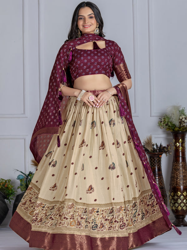 Women's Heavy Lichi Jacquard Lehenga Choli with Jari Print & Dupatta