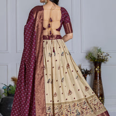 Women's Heavy Lichi Jacquard Lehenga Choli with Jari Print & Dupatta