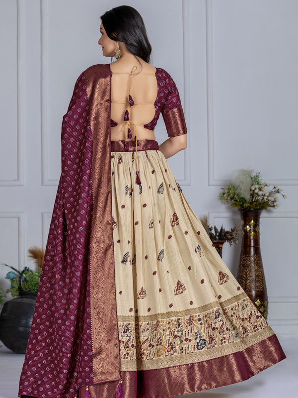 Women's Heavy Lichi Jacquard Lehenga Choli with Jari Print & Dupatta