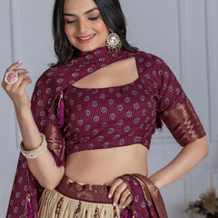 Women's Heavy Lichi Jacquard Lehenga Choli with Jari Print & Dupatta