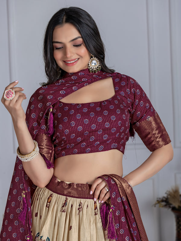 Women's Heavy Lichi Jacquard Lehenga Choli with Jari Print & Dupatta