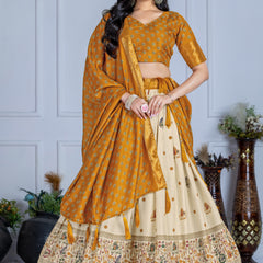 Women's Heavy Lichi Jacquard Lehenga Choli with Jari Print & Dupatta