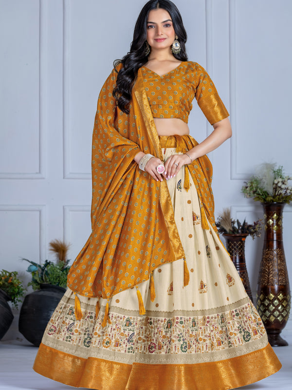 Women's Heavy Lichi Jacquard Lehenga Choli with Jari Print & Dupatta