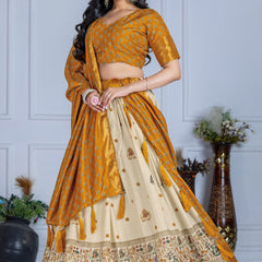 Women's Heavy Lichi Jacquard Lehenga Choli with Jari Print & Dupatta
