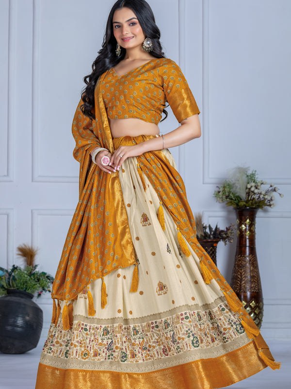 Women's Heavy Lichi Jacquard Lehenga Choli with Jari Print & Dupatta