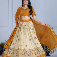 Women's Heavy Lichi Jacquard Lehenga Choli with Jari Print & Dupatta