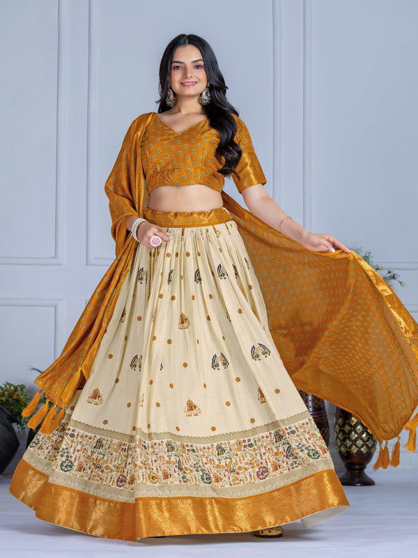 Women's Heavy Lichi Jacquard Lehenga Choli with Jari Print & Dupatta