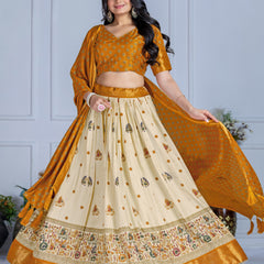 Women's Heavy Lichi Jacquard Lehenga Choli with Jari Print & Dupatta