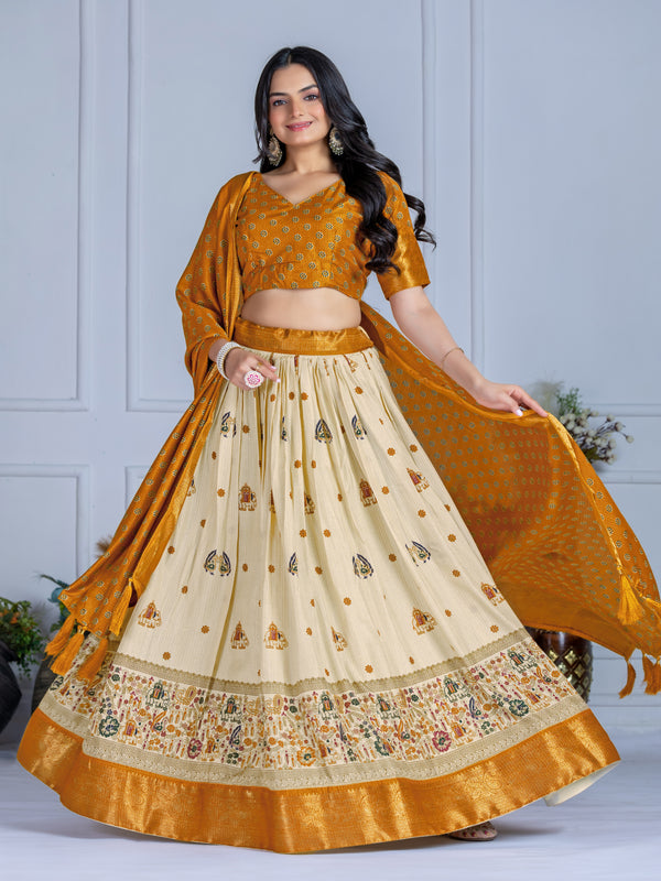 Women's Heavy Lichi Jacquard Lehenga Choli with Jari Print & Dupatta