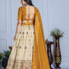 Women's Heavy Lichi Jacquard Lehenga Choli with Jari Print & Dupatta