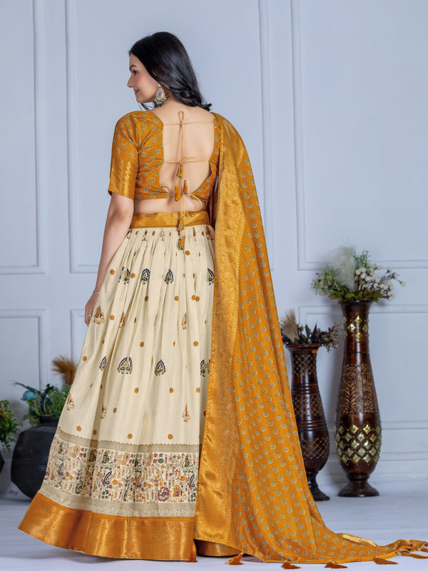 Women's Heavy Lichi Jacquard Lehenga Choli with Jari Print & Dupatta
