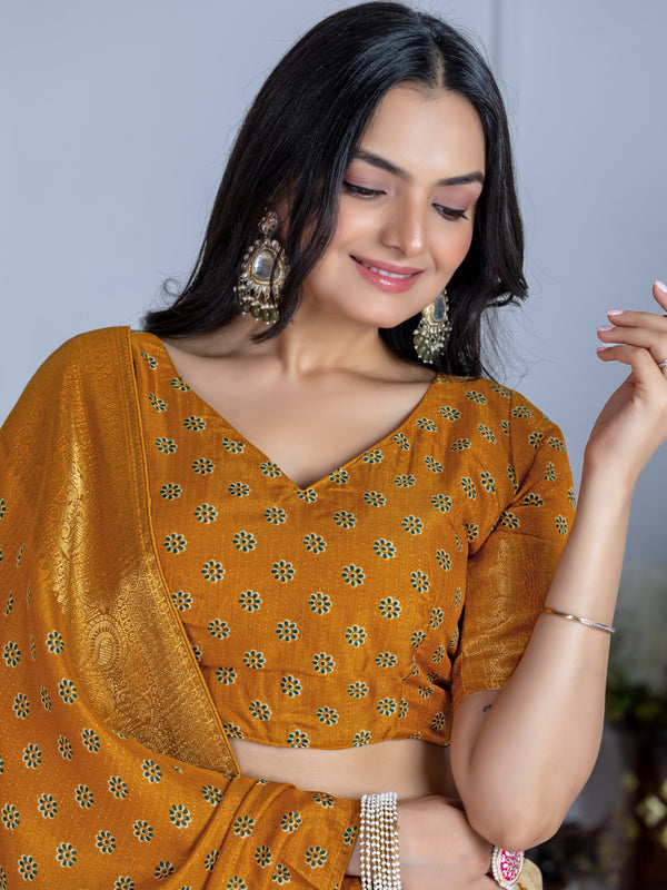 Women's Heavy Lichi Jacquard Lehenga Choli with Jari Print & Dupatta