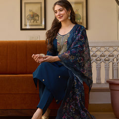 Women's Viscose Chanderi Embroidered Beads Kurta with Bottom & Tabby Organza Dupatta Set