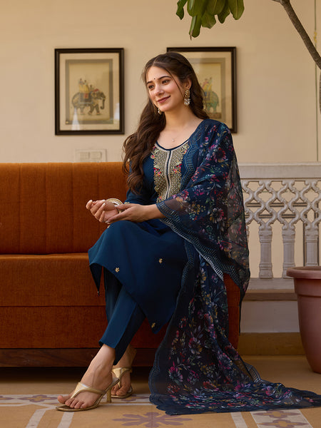 Women's Viscose Chanderi Embroidered Beads Kurta with Bottom & Tabby Organza Dupatta Set