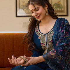 Women's Viscose Chanderi Embroidered Beads Kurta with Bottom & Tabby Organza Dupatta Set
