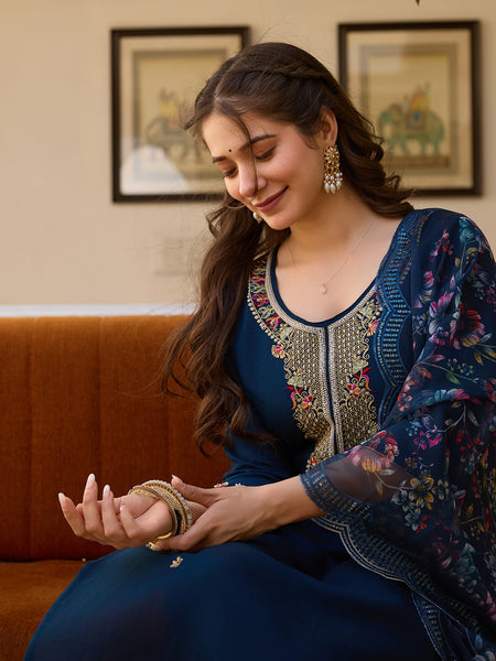 Women's Viscose Chanderi Embroidered Beads Kurta with Bottom & Tabby Organza Dupatta Set