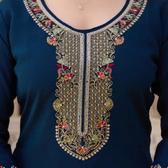 Women's Viscose Chanderi Embroidered Beads Kurta with Bottom & Tabby Organza Dupatta Set