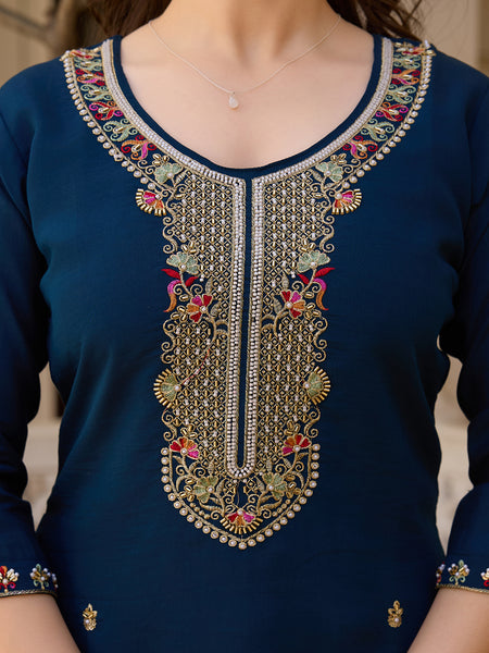 Women's Viscose Chanderi Embroidered Beads Kurta with Bottom & Tabby Organza Dupatta Set