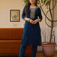 Women's Viscose Chanderi Embroidered Beads Kurta with Bottom & Tabby Organza Dupatta Set