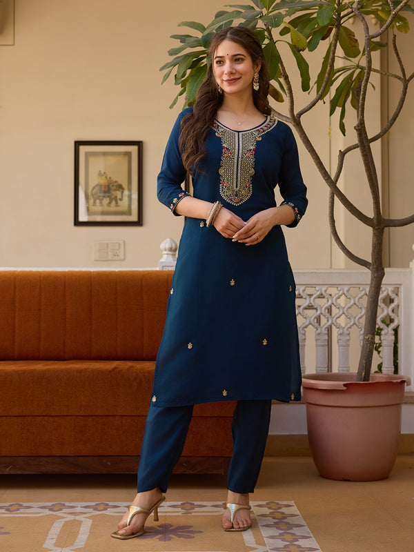 Women's Viscose Chanderi Embroidered Beads Kurta with Bottom & Tabby Organza Dupatta Set