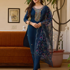 Women's Viscose Chanderi Embroidered Beads Kurta with Bottom & Tabby Organza Dupatta Set