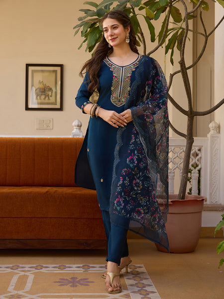 Women's Viscose Chanderi Embroidered Beads Kurta with Bottom & Tabby Organza Dupatta Set