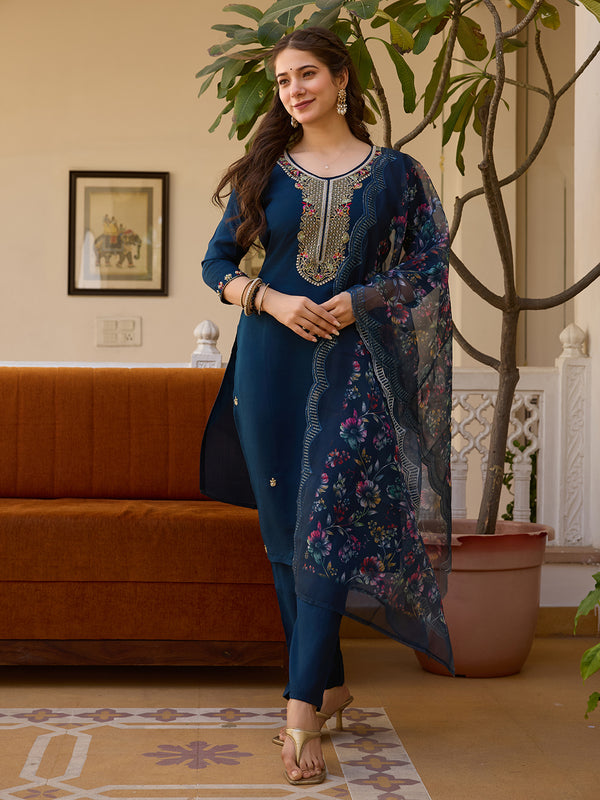 Women's Viscose Chanderi Embroidered Beads Kurta with Bottom & Tabby Organza Dupatta Set