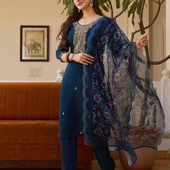 Women's Viscose Chanderi Embroidered Beads Kurta with Bottom & Tabby Organza Dupatta Set