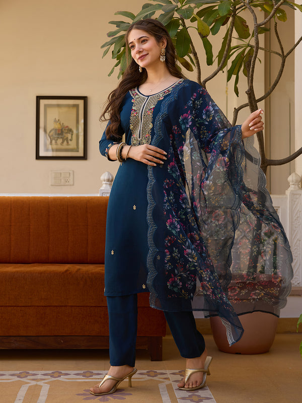 Women's Viscose Chanderi Embroidered Beads Kurta with Bottom & Tabby Organza Dupatta Set