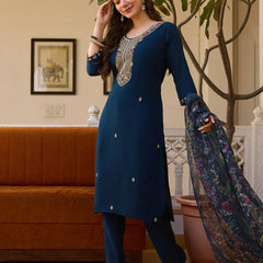 Women's Viscose Chanderi Embroidered Beads Kurta with Bottom & Tabby Organza Dupatta Set
