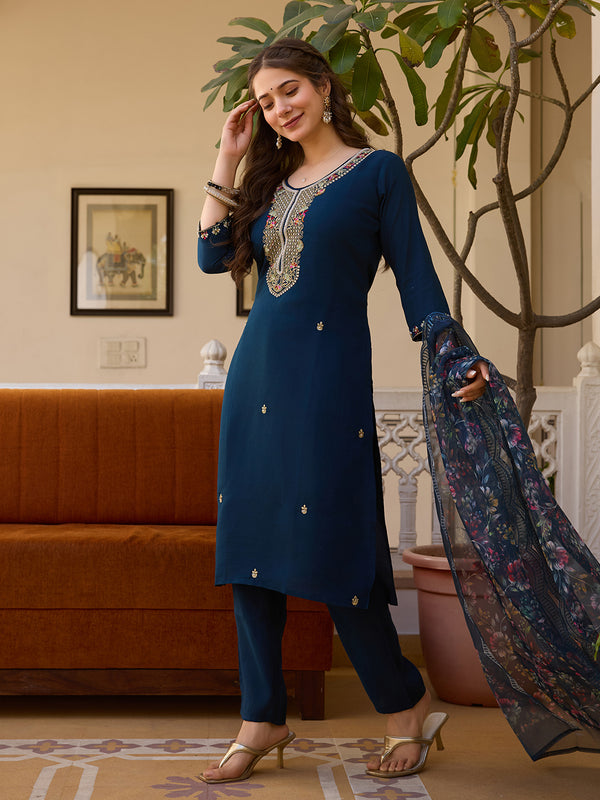 Women's Viscose Chanderi Embroidered Beads Kurta with Bottom & Tabby Organza Dupatta Set