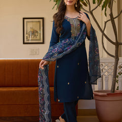 Women's Viscose Chanderi Embroidered Beads Kurta with Bottom & Tabby Organza Dupatta Set