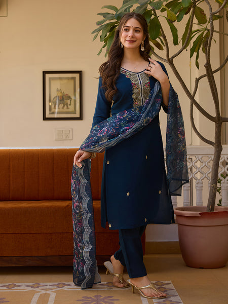 Women's Viscose Chanderi Embroidered Beads Kurta with Bottom & Tabby Organza Dupatta Set