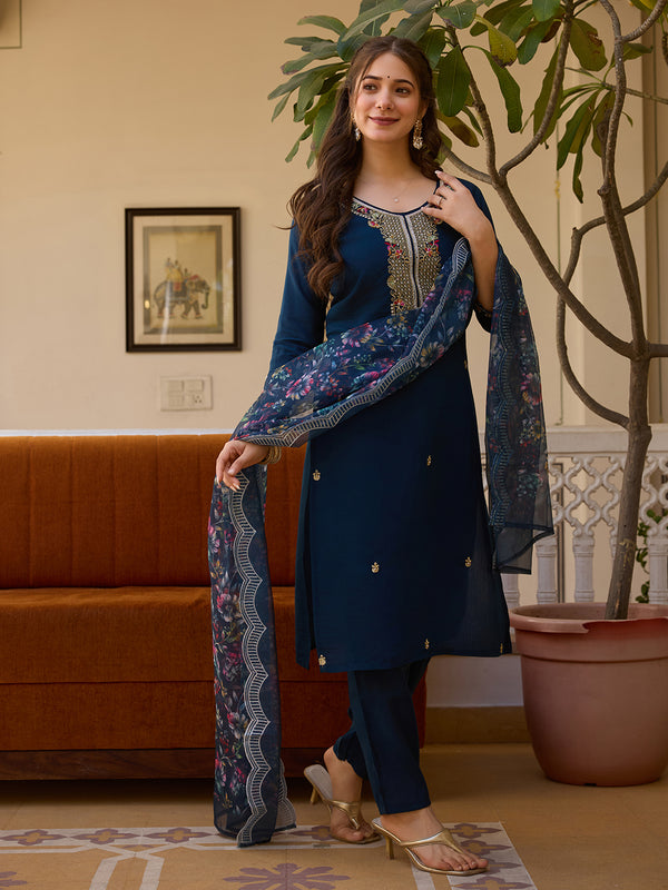 Women's Viscose Chanderi Embroidered Beads Kurta with Bottom & Tabby Organza Dupatta Set