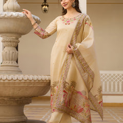 Women’s Viscose Assam Silk Embroidered Kurta With Bottom & Printed Assam Silk Dupatta Set
