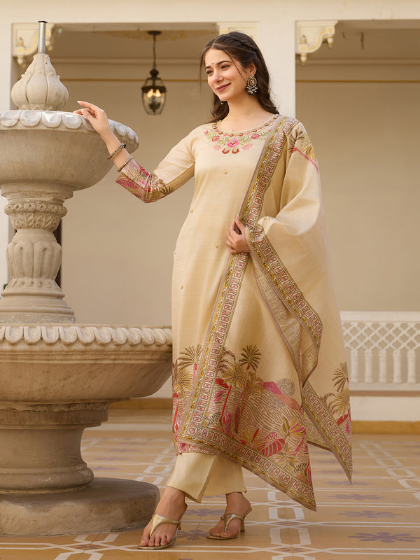 Women’s Viscose Assam Silk Embroidered Kurta With Bottom & Printed Assam Silk Dupatta Set