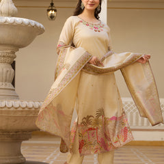 Women’s Viscose Assam Silk Embroidered Kurta With Bottom & Printed Assam Silk Dupatta Set