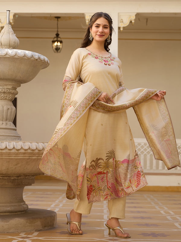 Women’s Viscose Assam Silk Embroidered Kurta With Bottom & Printed Assam Silk Dupatta Set